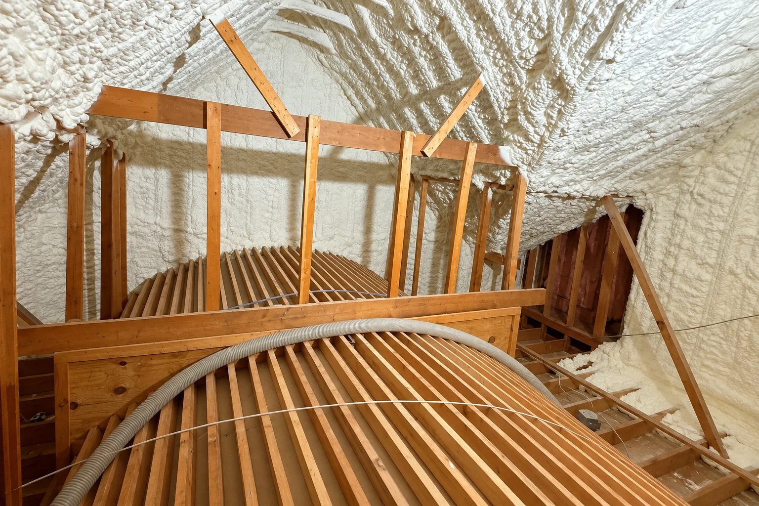 Attic rafters and roof surfaces coated in white spray foam, with exposed wooden framing and a flexible hose below.