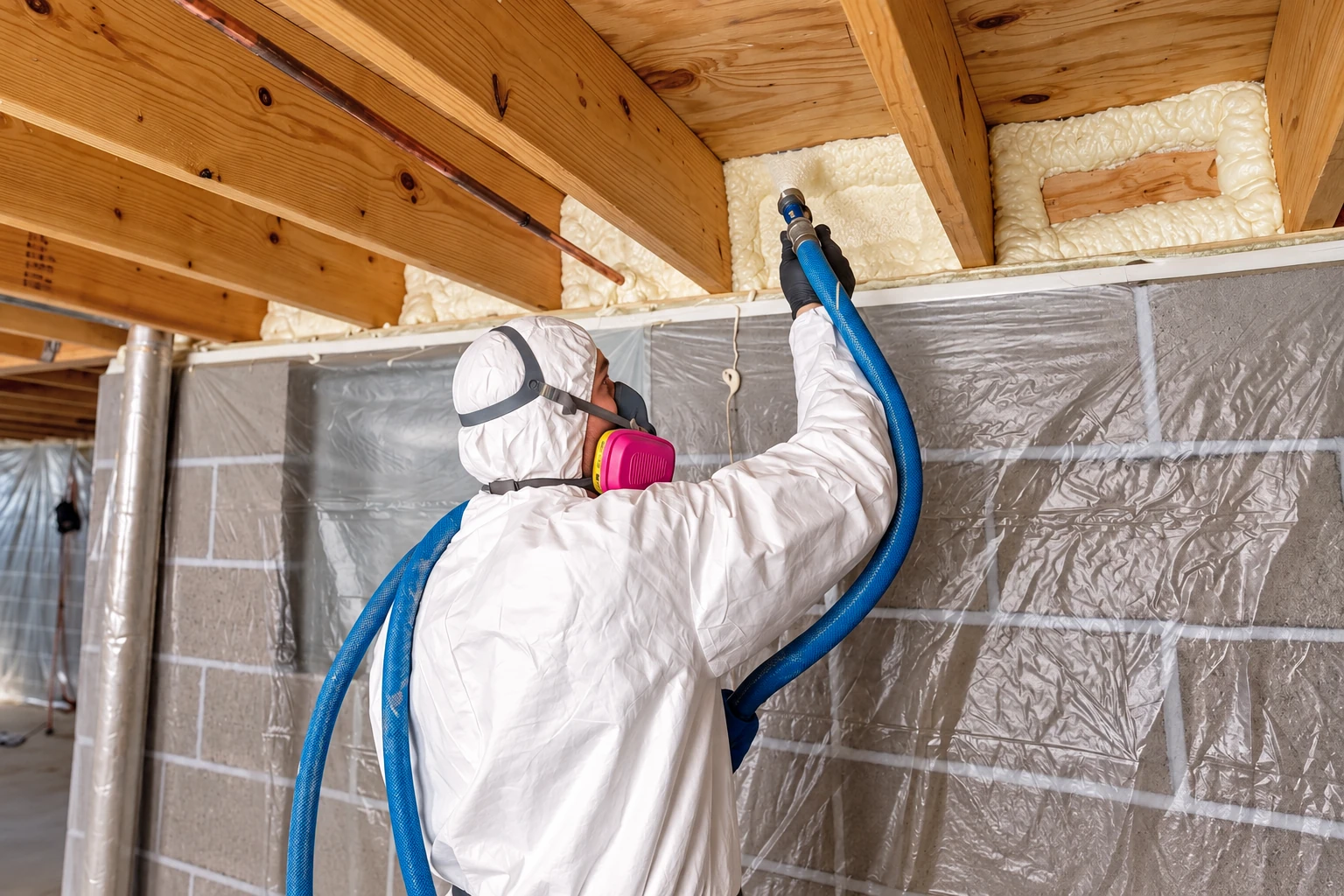 A worker in protective coveralls and a respirator sprays foam insulation between wooden beams.