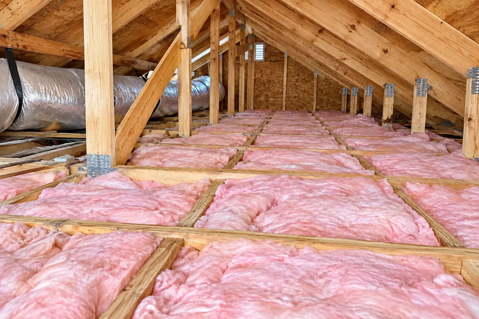 Pink batt insulation fills the floor joists in an attic beneath exposed wooden roof framing and ductwork.