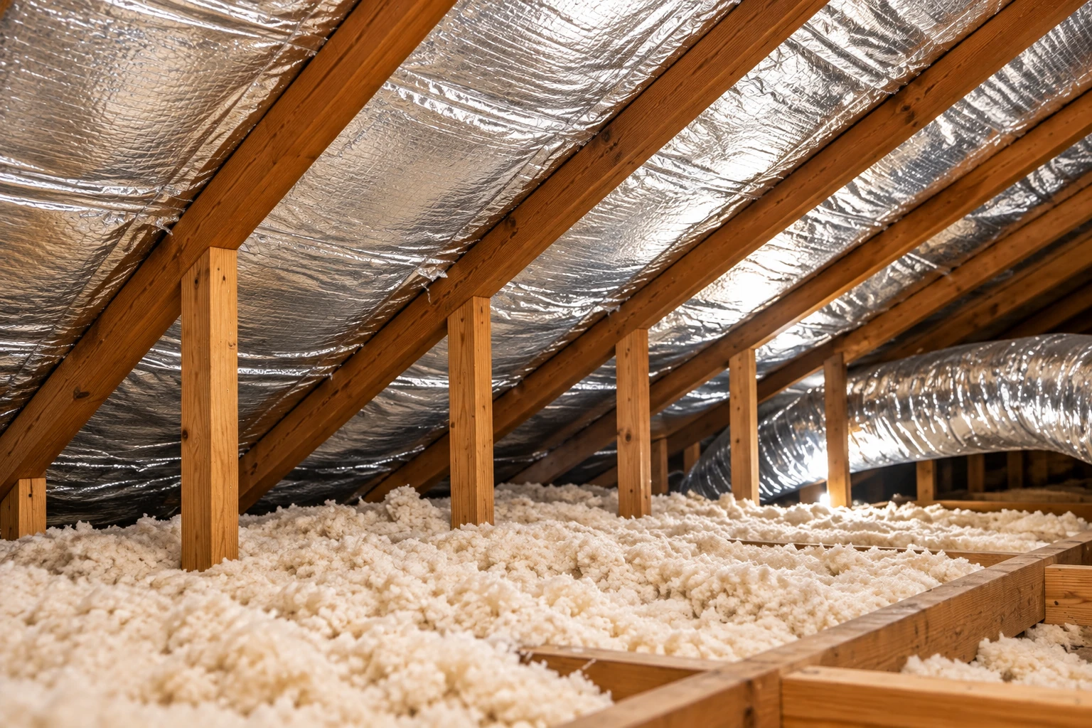 Loose white insulation covers the attic floor beneath rafters lined with reflective foil.