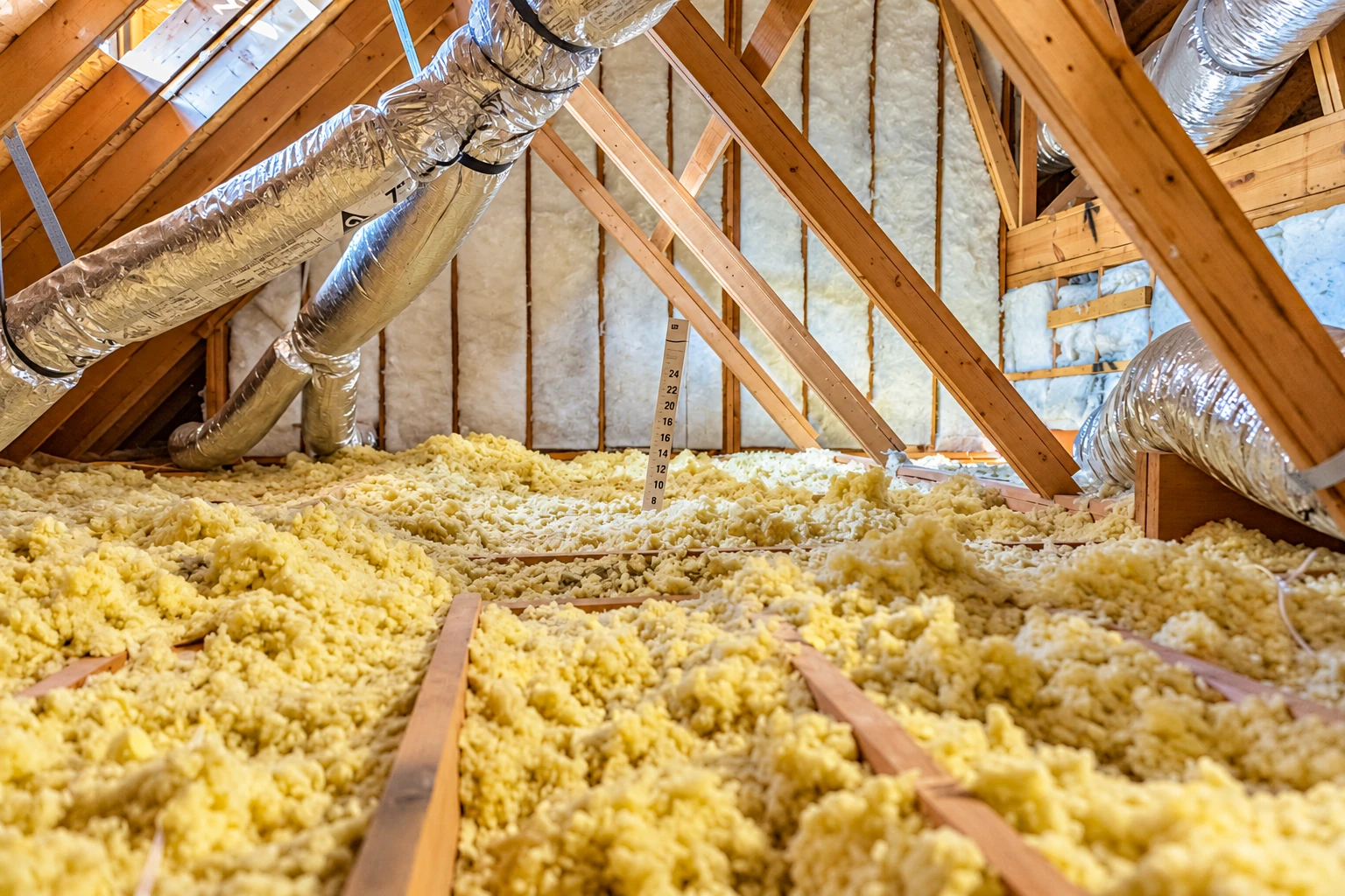 Yellow blown-in insulation covers an attic floor beneath exposed wooden rafters and silver ducts.