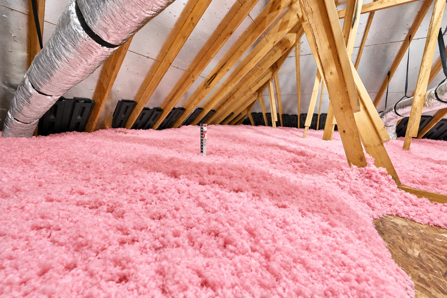 Attic floor covered in thick pink blown-in insulation beneath exposed wooden rafters and ventilation ducts.