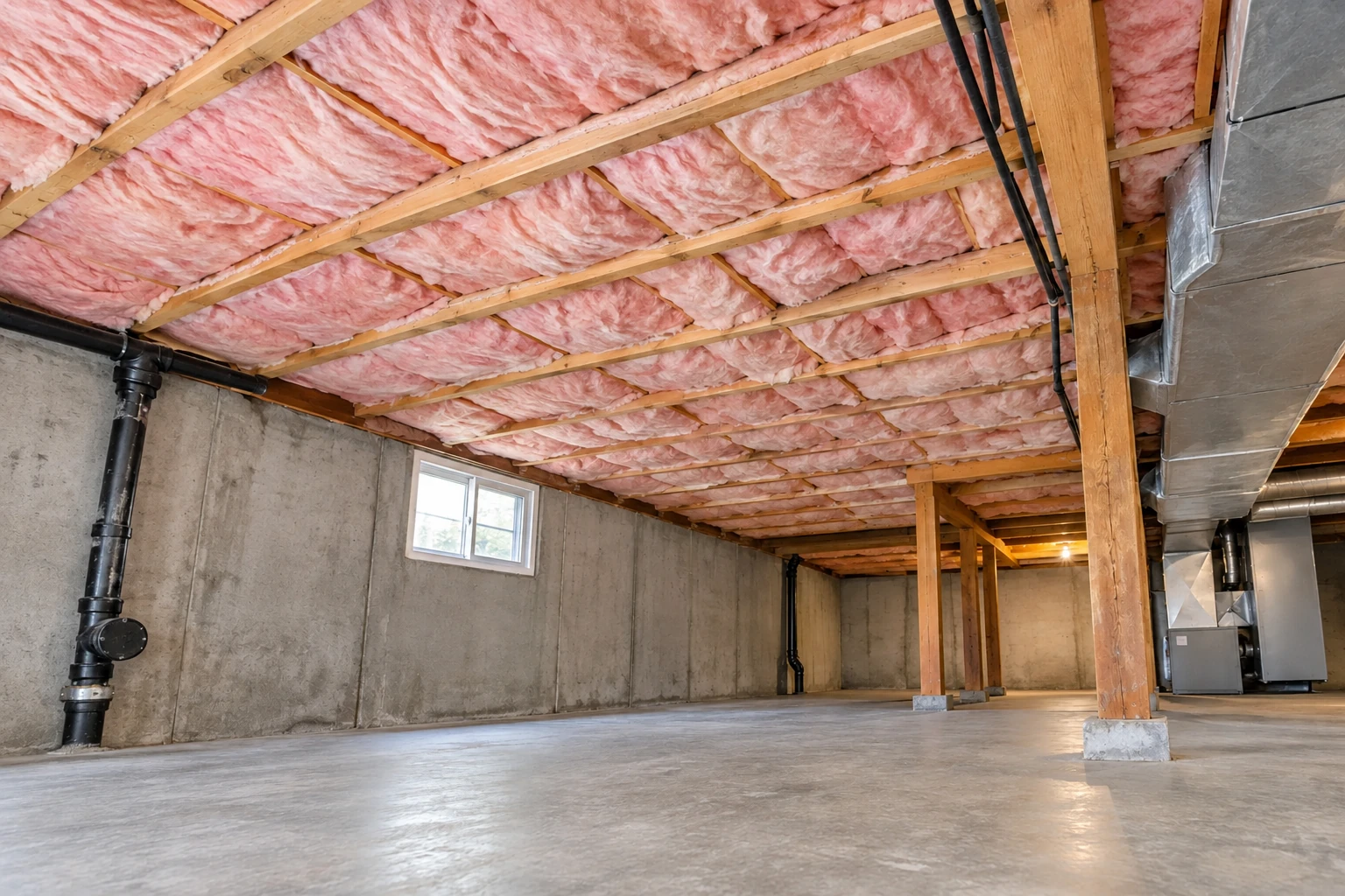 Basement with pink fiberglass batts fitted between ceiling joists above a concrete floor and foundation walls.