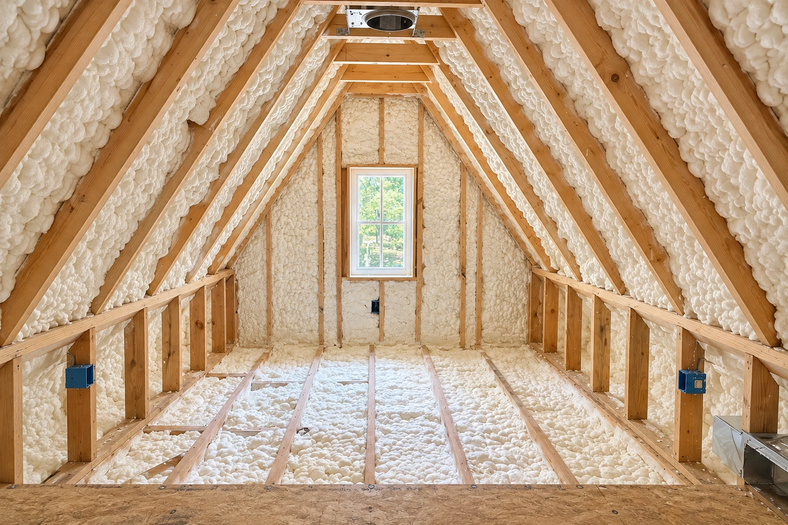 Attic framed with exposed rafters and covered throughout in white closed-cell spray foam, with a small window at the far end.