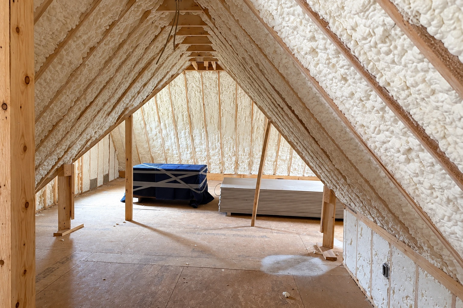 White closed-cell foam insulation covers the sloped rafters of an unfinished attic with stacked building materials on the floor.