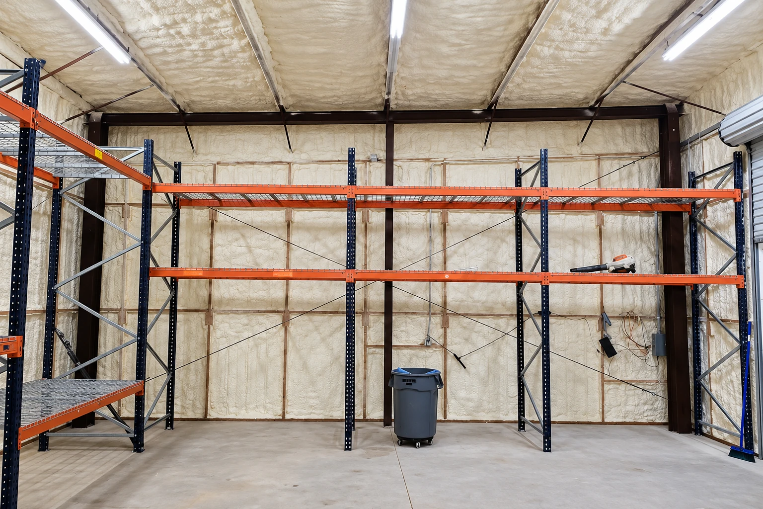 A commercial warehouse with white spray foam insulation covering the walls and ceiling behind orange and blue storage racks.