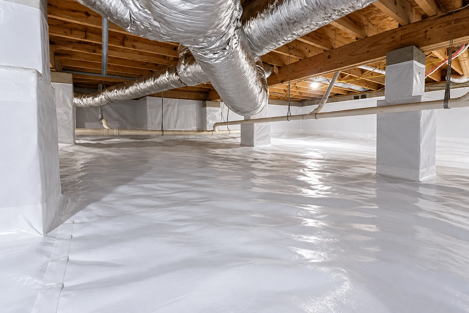Crawl space with a white vapor barrier covering the floor and support piers beneath exposed joists and silver ductwork.