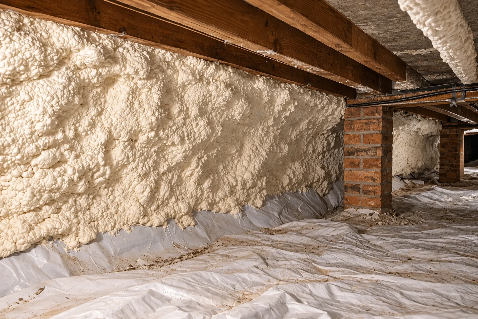 Spray foam insulation coats the foundation wall in a crawl space, with brick piers and plastic sheeting across the floor.