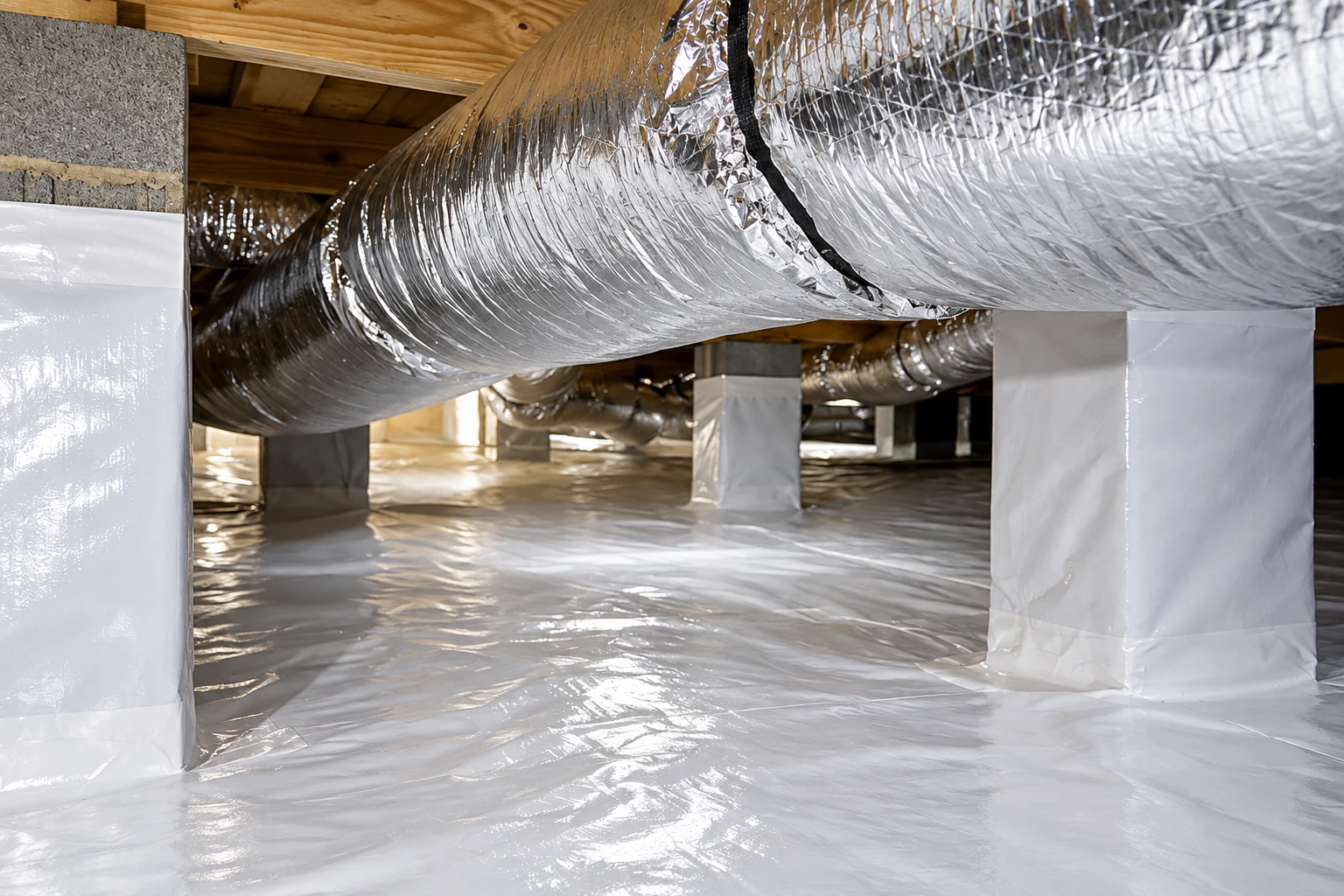 A crawl space with white vapor barrier sheeting covering the floor and support piers beneath large foil-wrapped ducts.