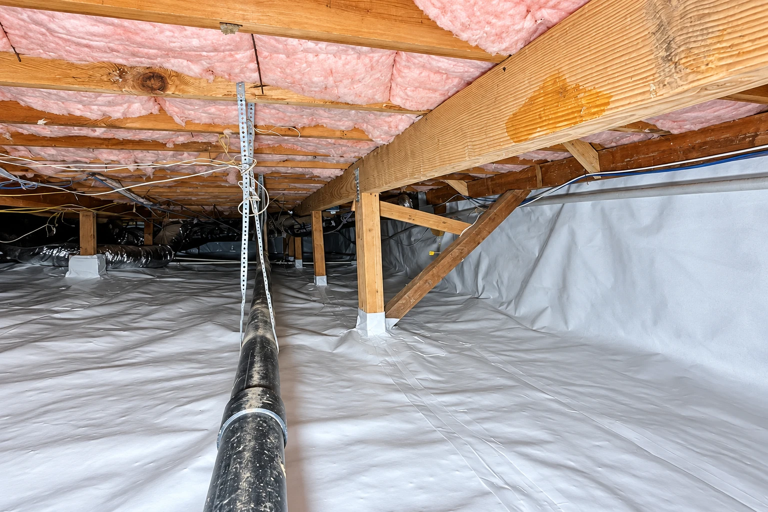 A crawl space has white vapor barrier covering the floor and walls, beneath pink fiberglass insulation between the joists.
