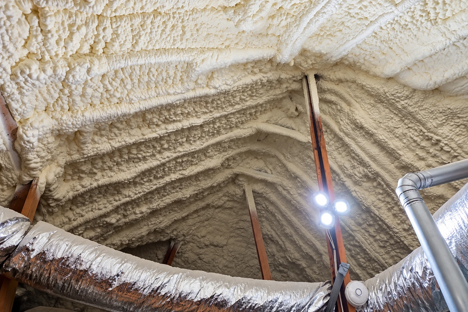 Thick cream spray foam coats the rafters and roof of an attic, with ducts and a work light visible.