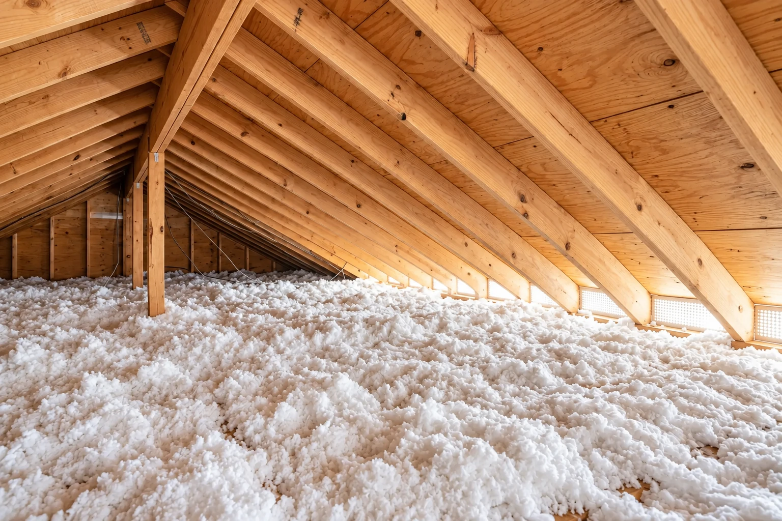 Attic floor layered with white blown-in insulation beneath exposed plywood roofing and wooden rafters.
