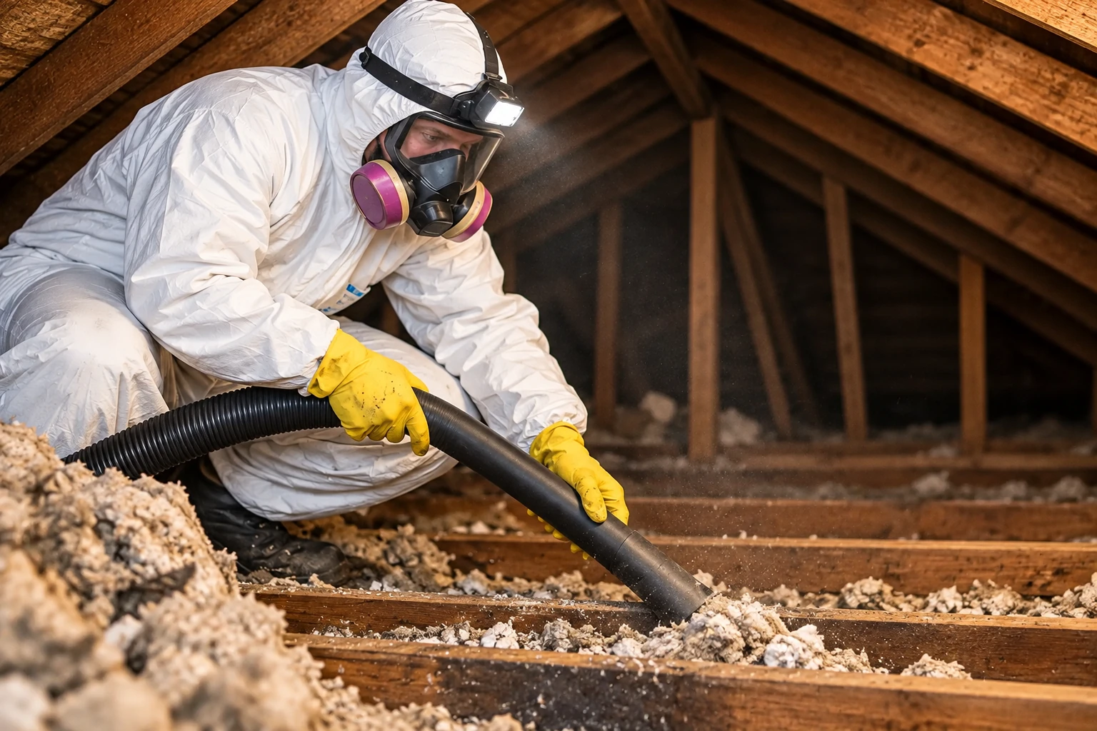 Worker in protective suit and respirator vacuuming loose attic insulation through a black hose.