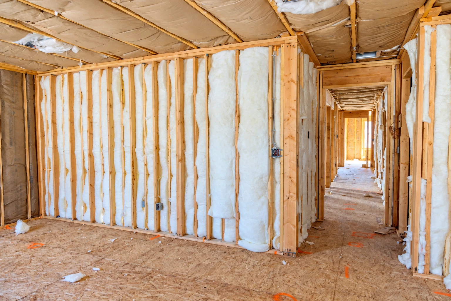 Wall insulation fills the exposed wooden studs in an unfinished building, with insulated ceiling joists and a hallway extending into the distance.