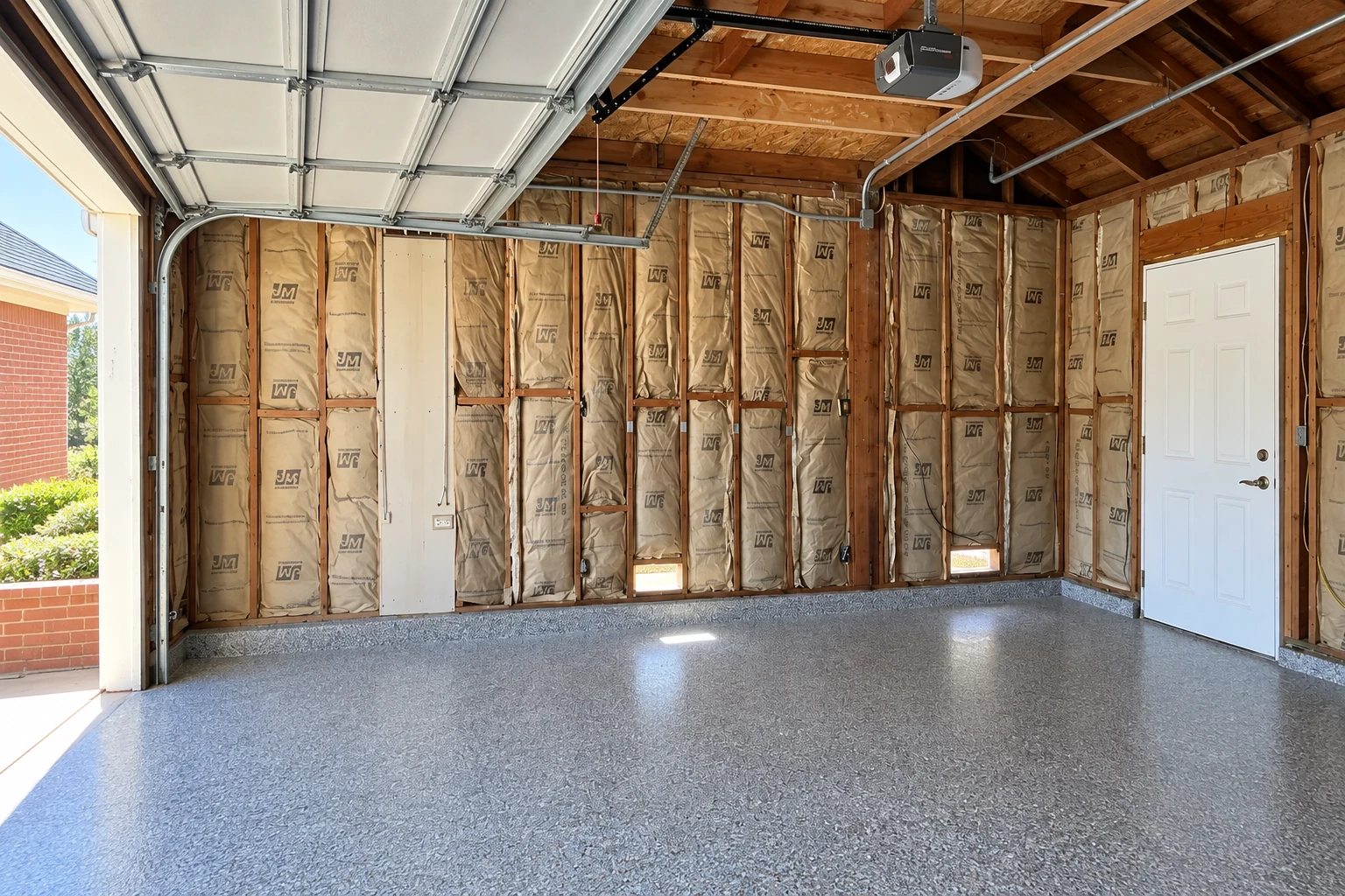 Garage wall retrofit insulation installed between exposed studs, with an open sectional door and bare concrete floor.