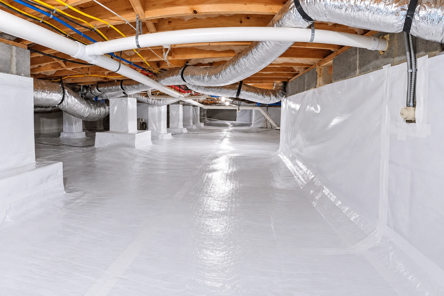 A crawl space has shiny white vapor barrier covering the floor and foundation walls beneath exposed joists, pipes, and ducts.