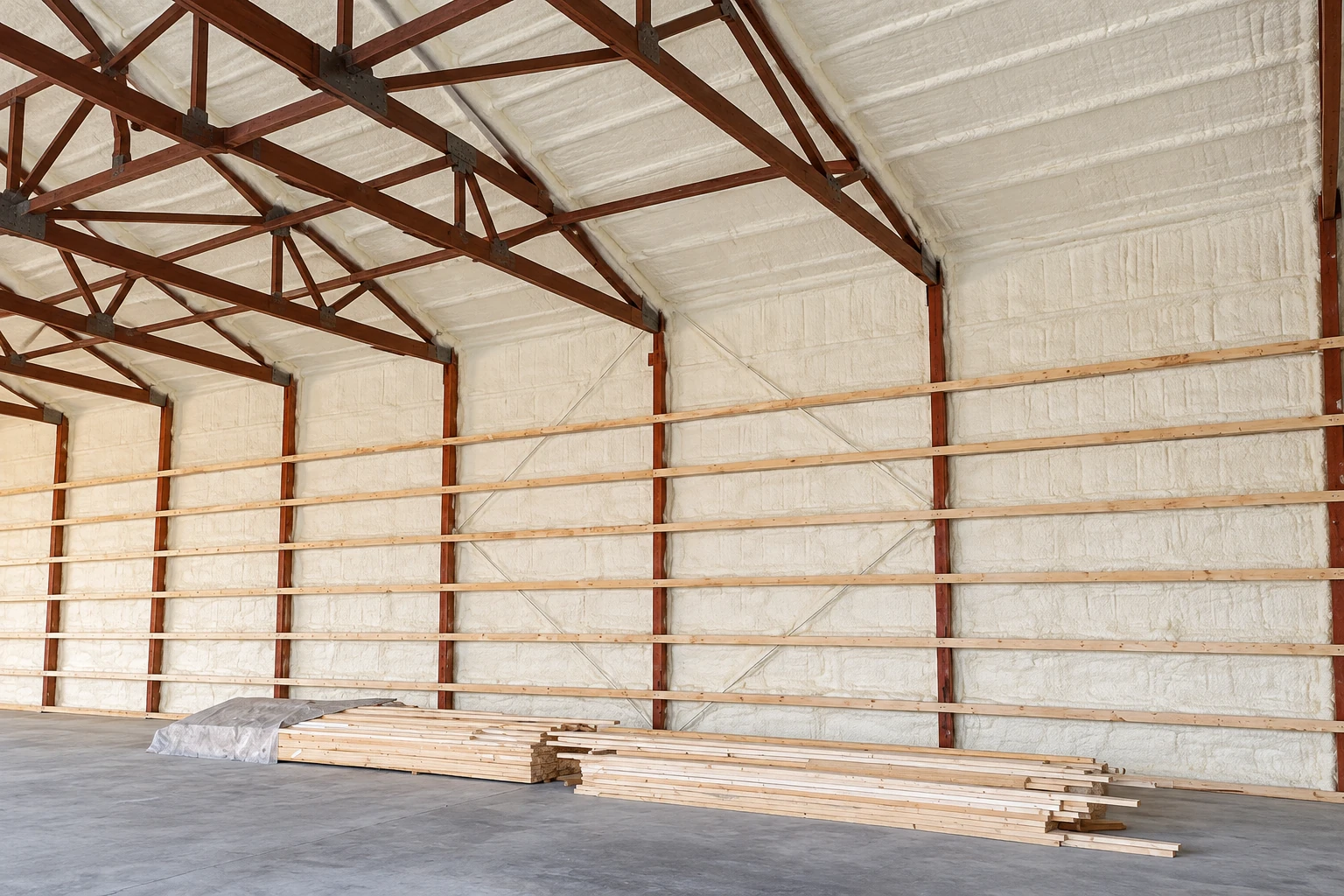 White foam insulation covers the walls and roof of a large timber-framed building.